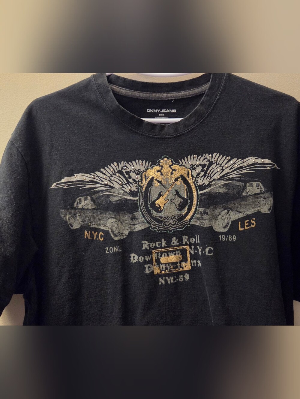 Y2k Dkny Black Short-Sleeve Rock & Roll Graphic Tee with Gold Accents Large